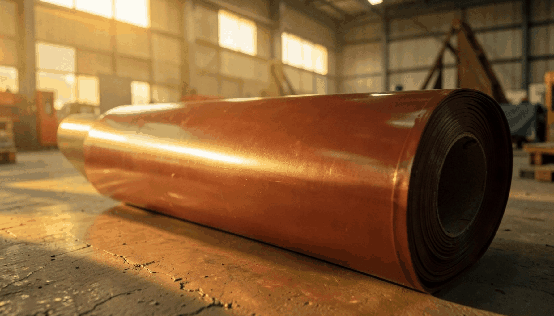 Silicone-coated fiberglass fabric roll with a glossy reddish-brown surface, industrial warehouse setting.
