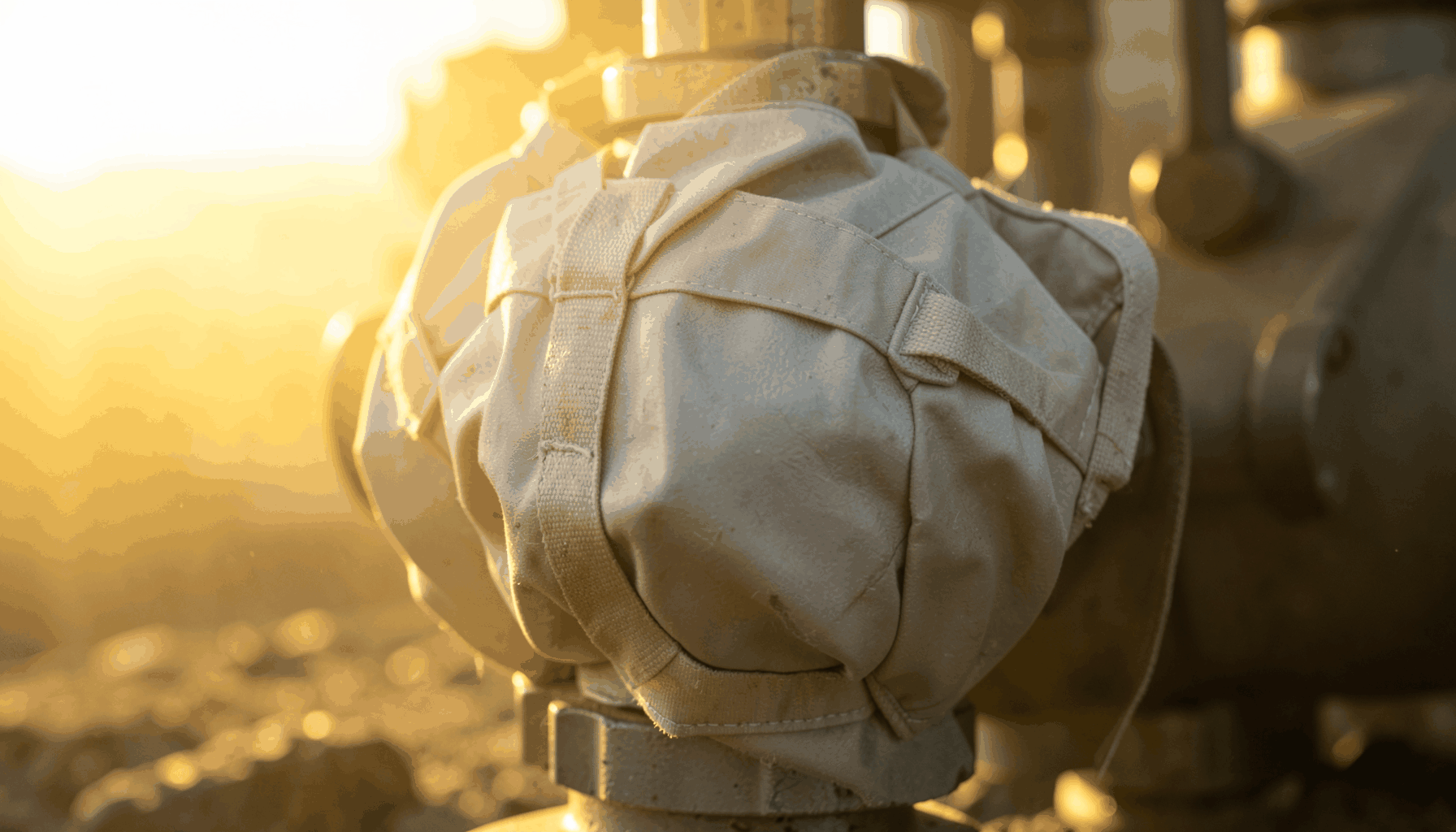 Flexible removable insulation jacket fitted around an industrial valve, silver-gray outer surface with fastening straps.