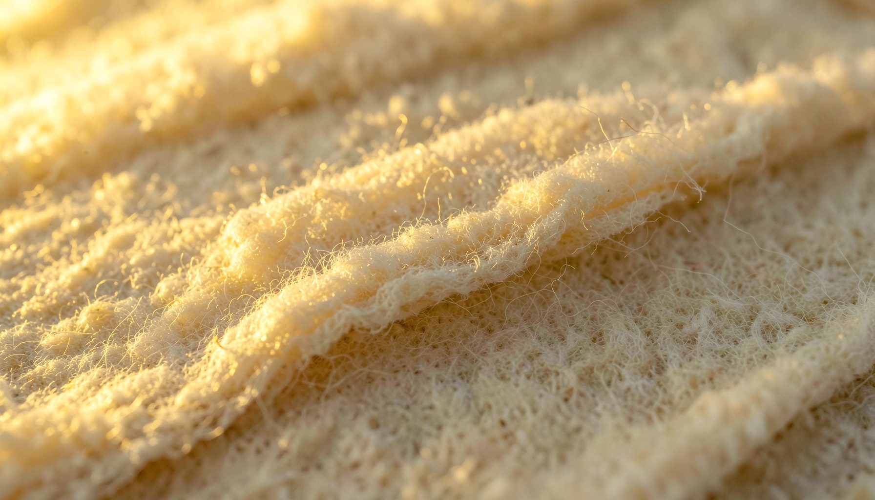 Close-up of dense fireproof cotton felt with layered fibrous texture, warm ivory tones, soft golden-hour lighting.