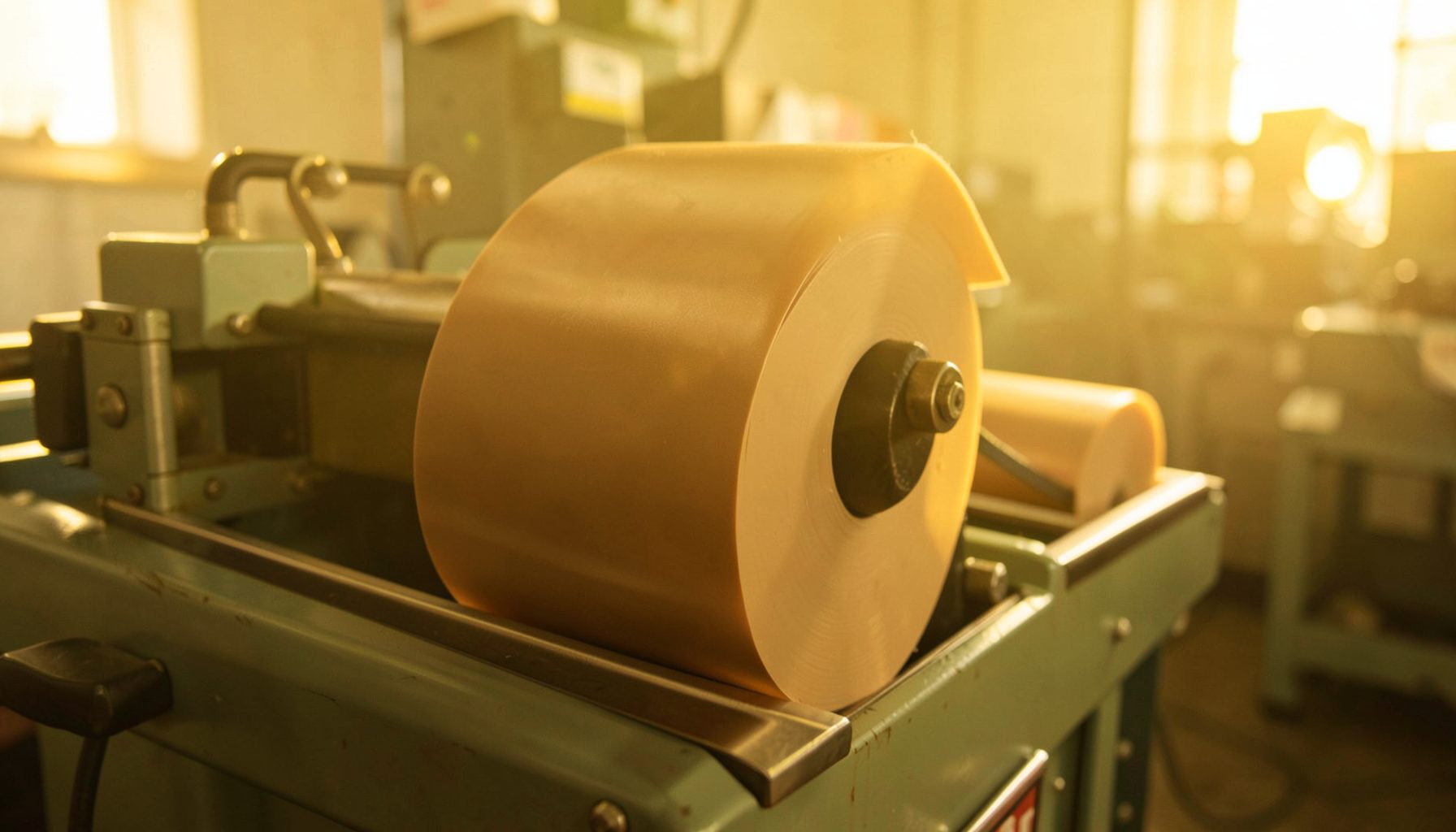 Seamless PTFE fusing machine belt in a continuous loop, light brown color, shown on industrial fusing equipment under warm workshop lighting.