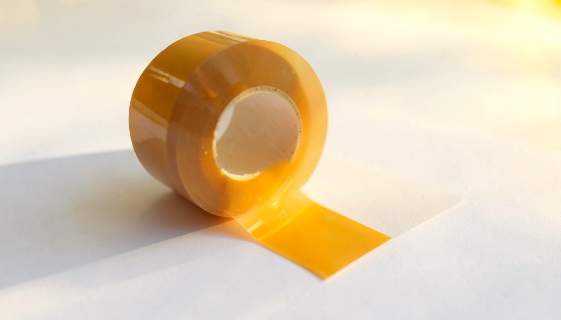Roll of PTFE adhesive tape with a glossy tan surface, partially unrolled on a clean white surface in soft natural light.