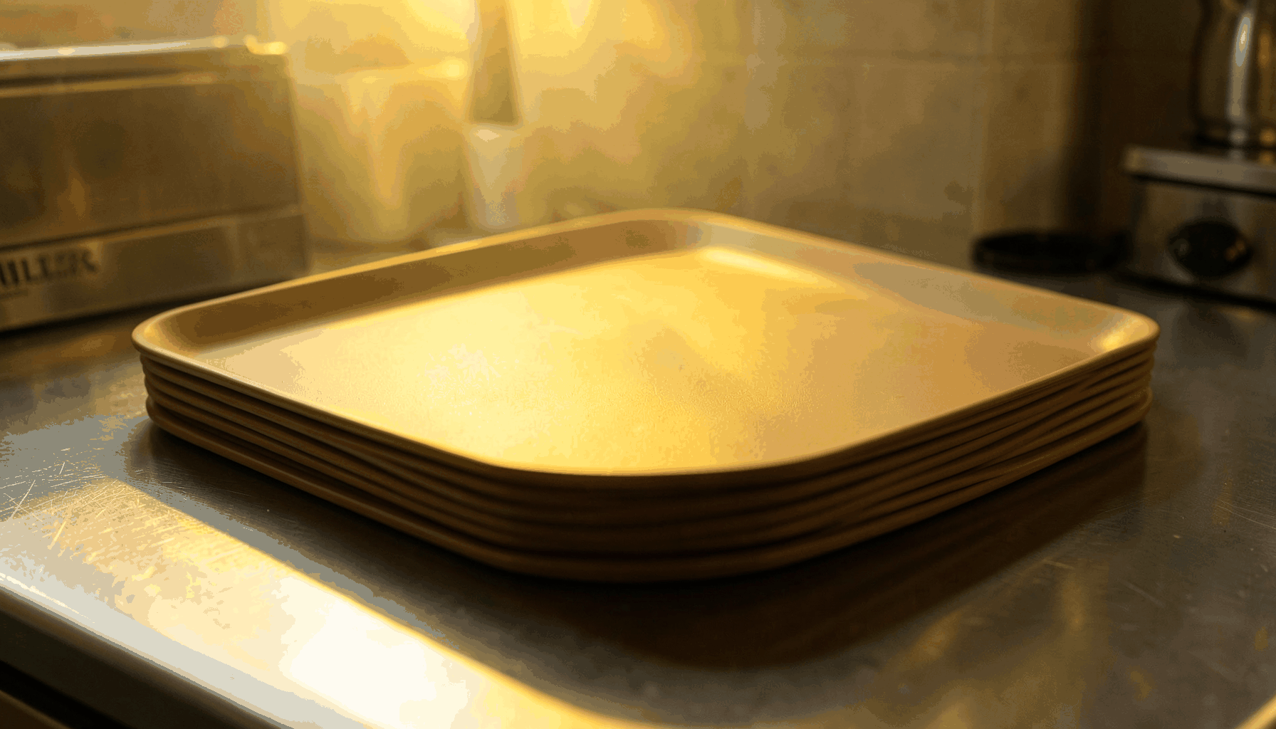 Stack of PTFE baking sheets with a matte tan finish on a stainless steel kitchen counter, warm ambient light from overhead.