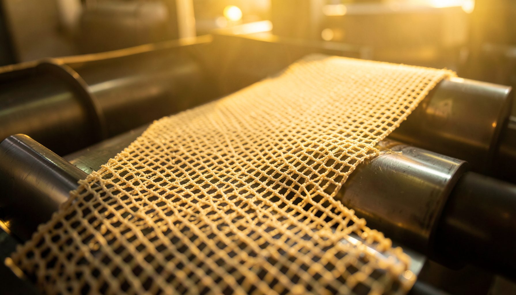 Close-up of a PTFE mesh conveyor belt with an open weave pattern in beige tones, running over stainless steel rollers in warm industrial lighting.