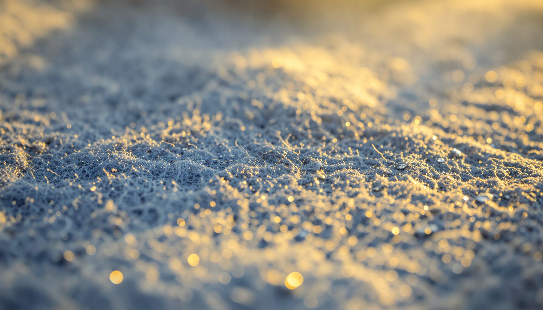 Water-repellent treated filtration felt with subtle sheen, droplets beading on surface, cool blue-gray cast
