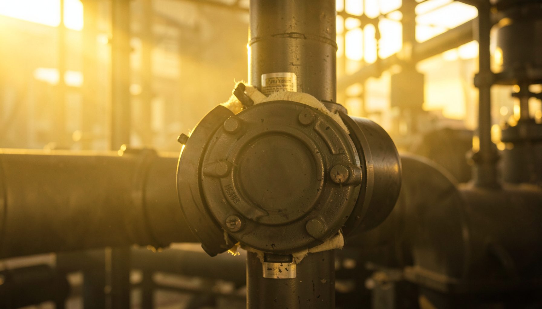 Removable valve insulation jacket fitted around industrial piping in a warm-lit plant setting