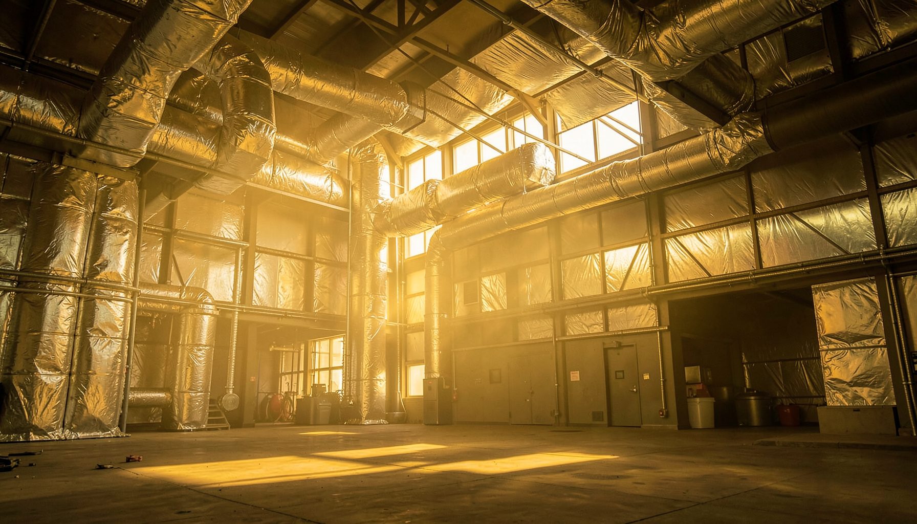 Large industrial facility interior with exposed ductwork wrapped in silver thermal insulation jackets, warm golden light streaming through high windows