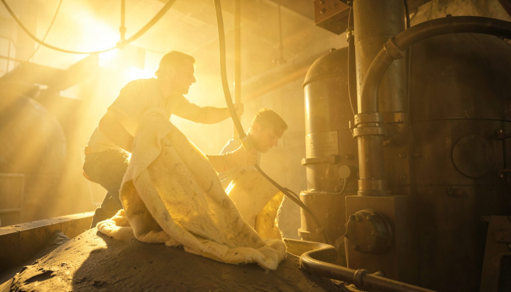 Ceramic fiber insulation blanket being installed around a large industrial furnace, soft golden light on the work area