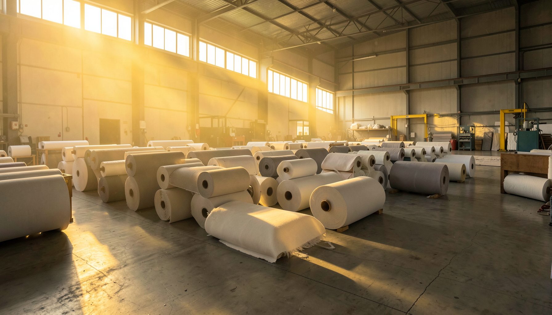 Wide view of a modern industrial materials factory floor with rows of technical textile rolls in neutral gray and white tones, bathed in warm golden-hour light from high windows.